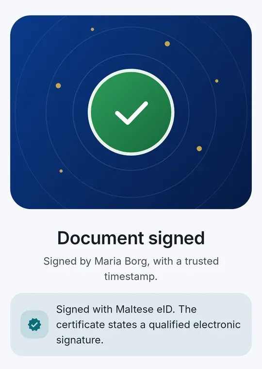 CodeB Wallet confirming a PDF signed with the Maltese eID &mdash; a qualified electronic signature (QES)
