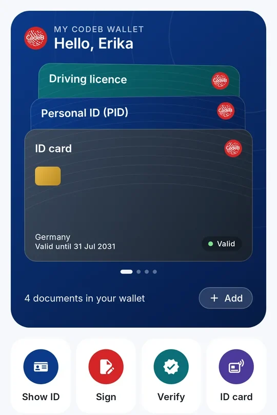 CodeB Wallet home screen on Android showing a stored digital identity (EUDI) card