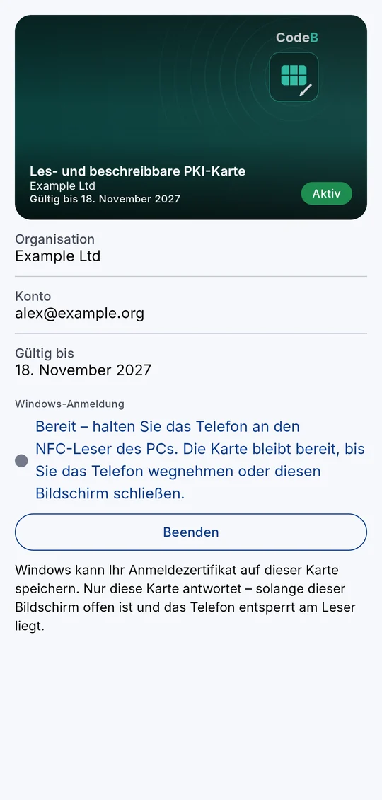 CodeB Wallet unter Android mit einer aktiven Read/Write-PKI-Smartcard für die passwortlose Windows-Anmeldung über NFC
