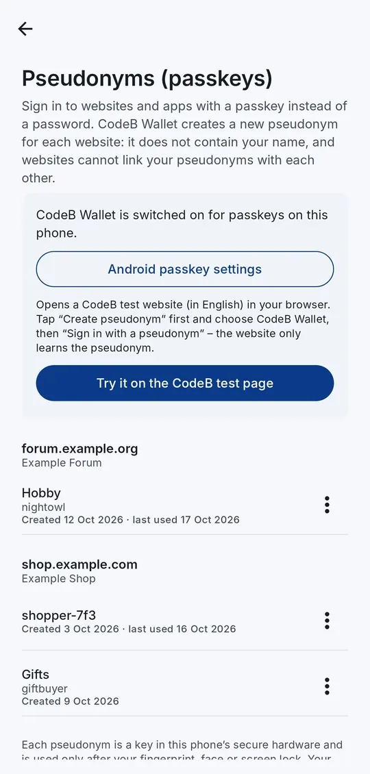 CodeB Wallet passkeys screen &mdash; a separate pseudonym per website (W3C WebAuthn)