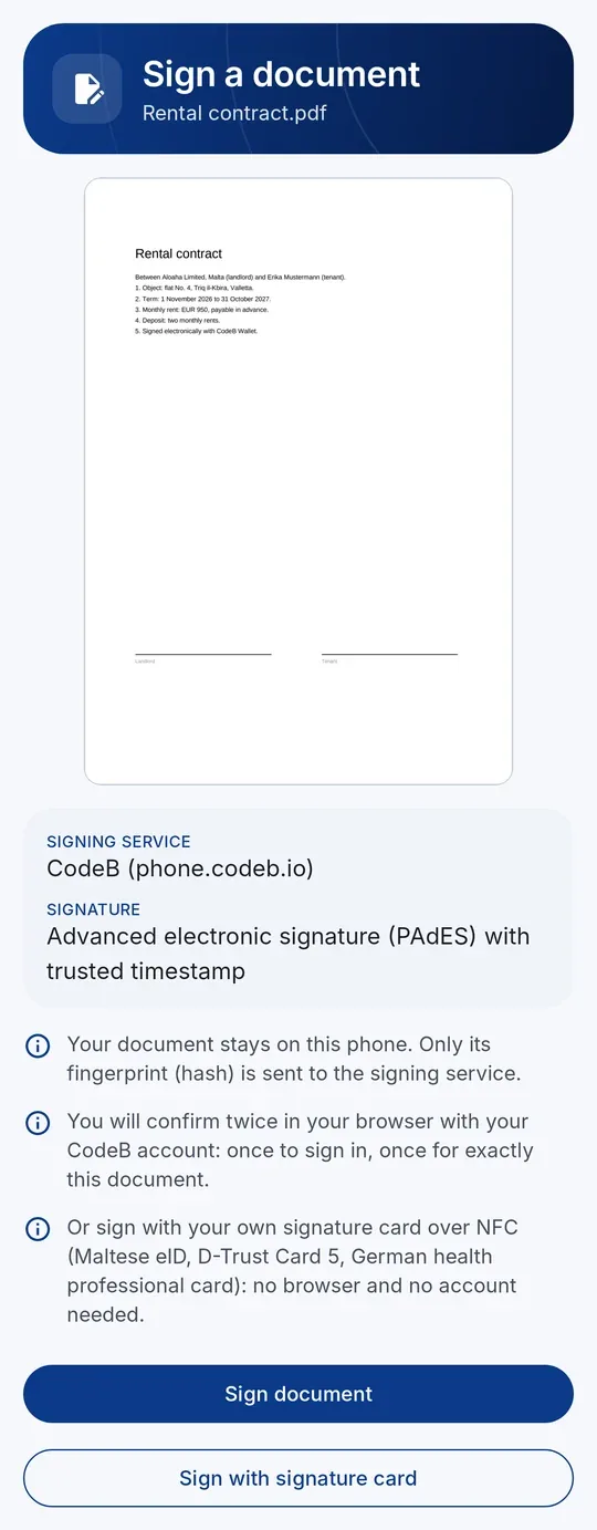 Signing a PDF in CodeB Wallet &mdash; choose your eID signature card over NFC or the CodeB signing service